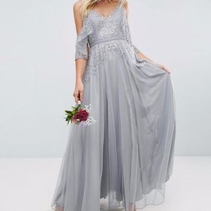 ASOS Wedding Embellished Lace Insert Grey Dress